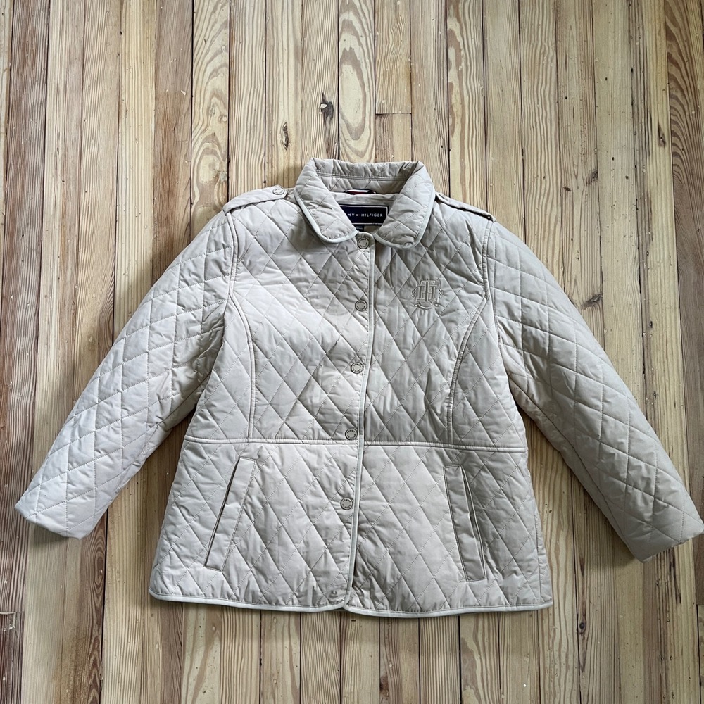 Tommy Hilfiger Womens‎ Tan Quilted Diamond Barn Jacket Peter Pan Collar Beige L